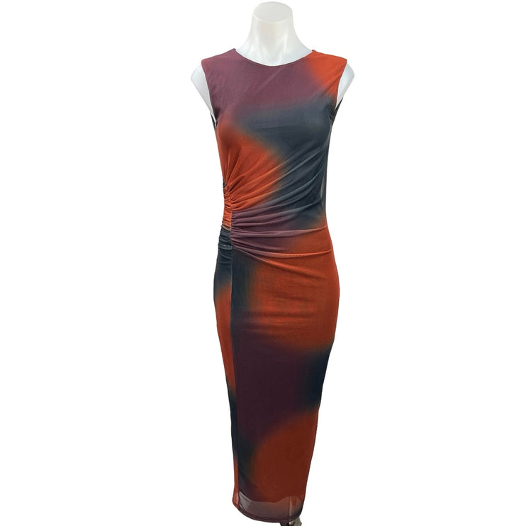 Micas Multicolor Tie Dye Ruched Sleeveless Stretch Slit Midi Bodycon Dress Sz S