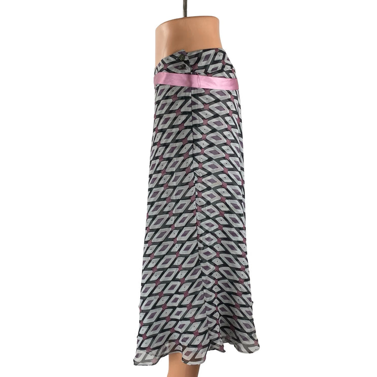 Jones New York Multicolor Satin Bow Tie Belt Geometric Flare Midi Skirt Size 28