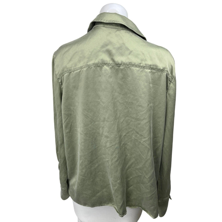 Women's Olive Green 100% Silk Satin Button Down Long Sleeve Top Blouse Shirt L