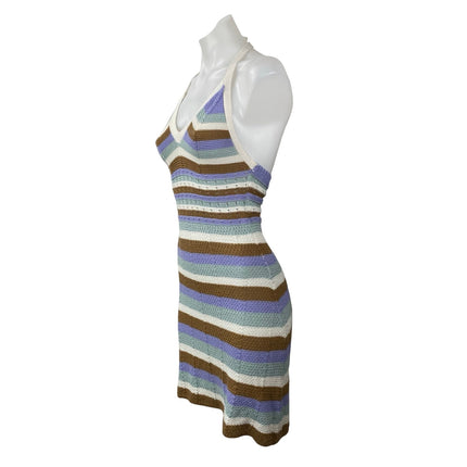 No Comment Multicolor Striped Knit Halter Backless V Neck Mini Bodycon Dress S