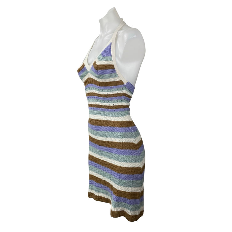 No Comment Multicolor Striped Knit Halter Backless V Neck Mini Bodycon Dress S