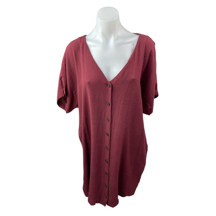 Madewell Women's Red V Neck Short Sleeve Button Front Mini Shirt Shift Dress L