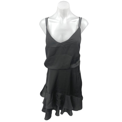 NEW Lulus Black Silky Satin Sleeveless Ruffle Cami Camisole Mini Tank Dress Sz L