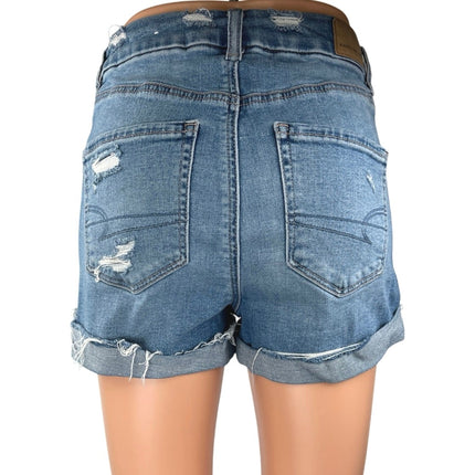 American Eagle Super Stretch Blue Distressed High Waisted Denim Jean Shorts 4