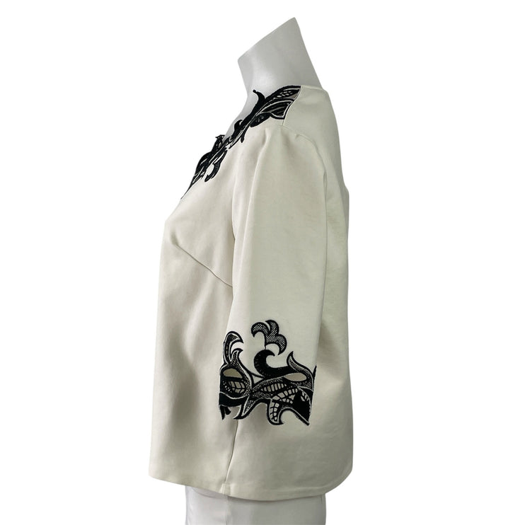 Ark & Co. Womens White Black Embroidered Eyelet V-neck Short Sleeve Blouse Top L