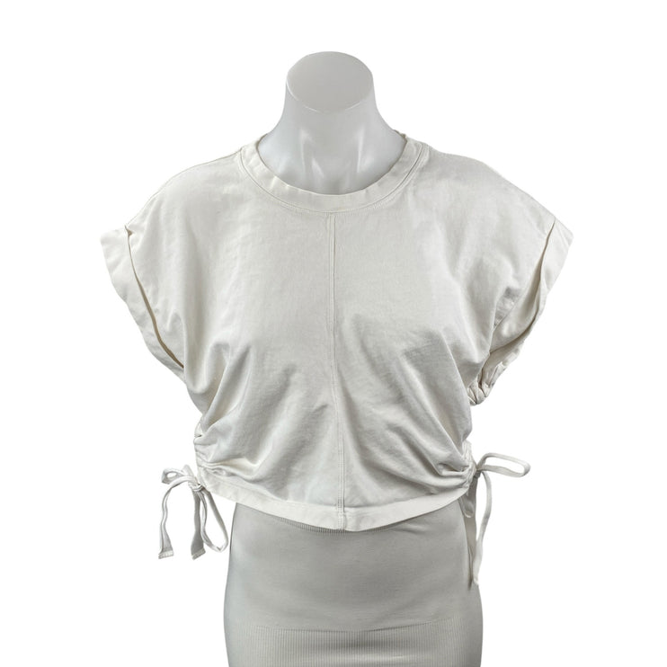 All Saints Women's White Tie Ruched Drop Sleeve Cropped T Shirt Tee Top Size L