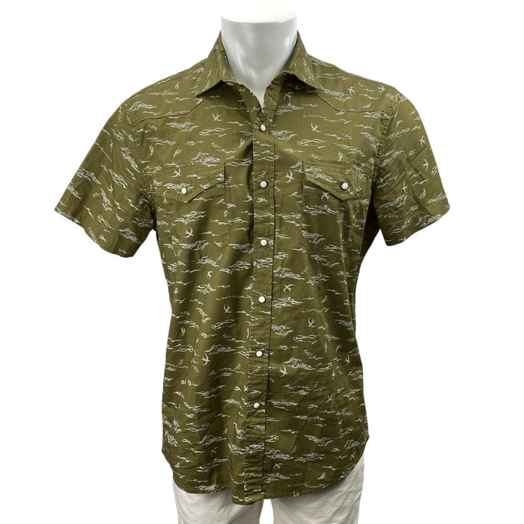 Sonoma Men's Olive Green Short Sleeve Bird Sea Button Down Shirt Top Size M