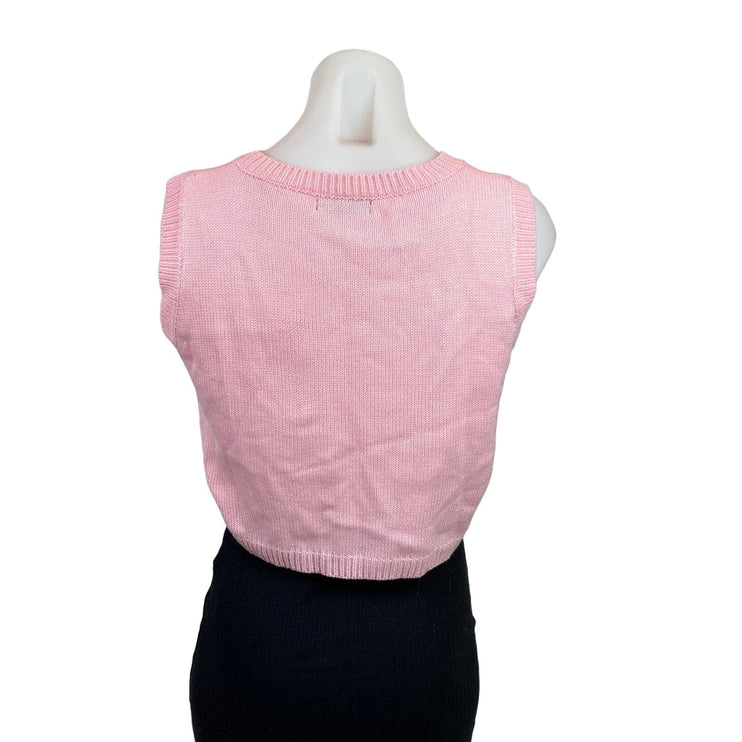 Shein Women Pink Strawberry Print Knit Crew Neck Crop Sleeveless Vest Sweater  S