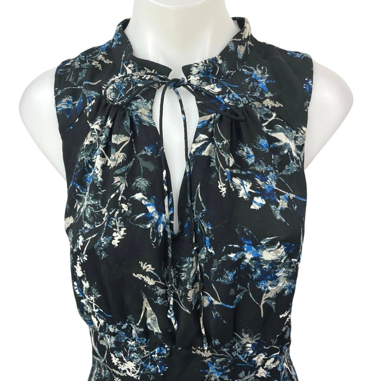 Parker Black Blue Floral Sleeveless Tie Neck Tiered Ruffle Mini Dress Size S