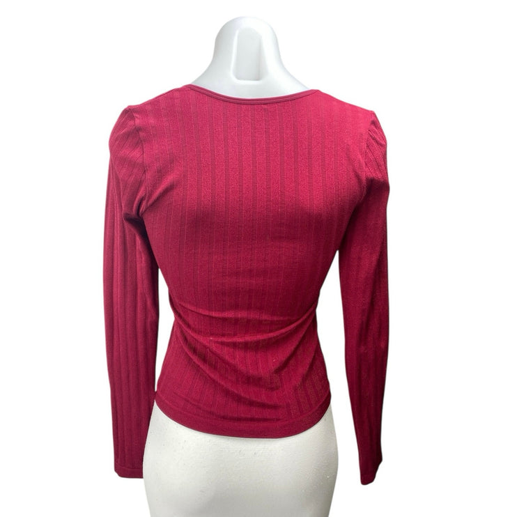 Free People Women's Red Rib Knit Scoop Neck Long Sleeve Crop Shirt Top Size XS/S