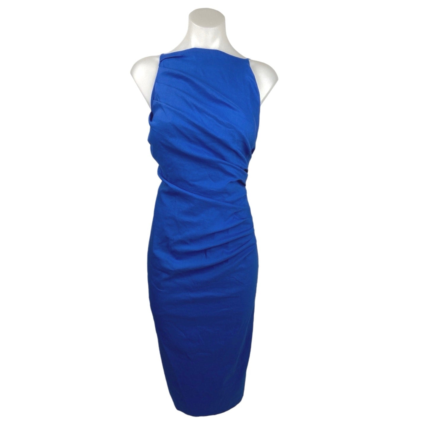 Zara Blue Sleeveless Halter Ruched Pencil Bodycon Midi Formal Cocktail Brie Zara Blue Sleeveless Halter Ruched Pencil Bodycon Midi Formal Cocktail Brie