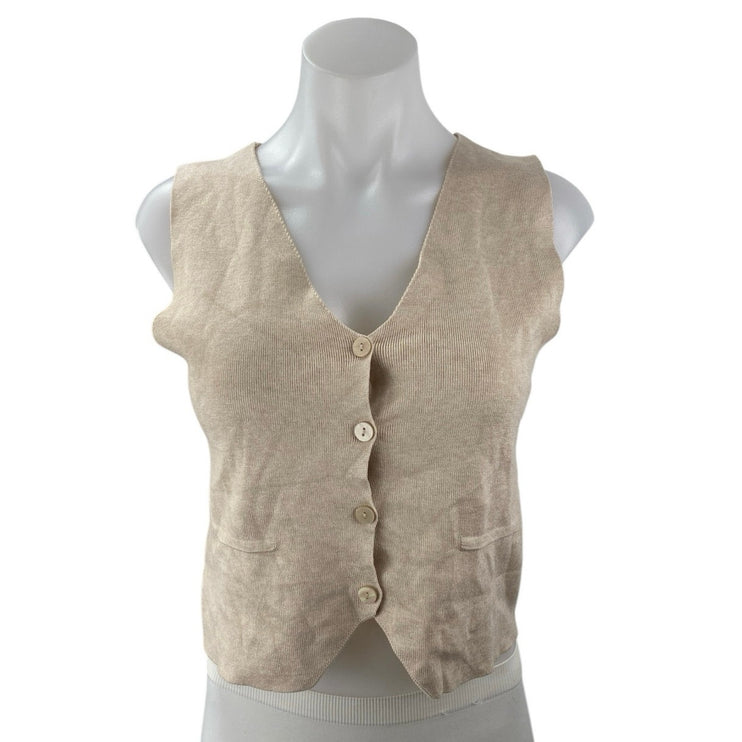 Pink Rose Beige Rib Knit Sleeveless Button Down Sweater Vest Crop Tank Top Sz S