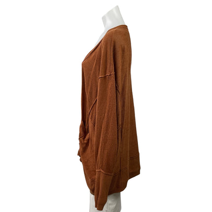 Free People Rust Brown Linen Long Sleeve Oversized Snap Cardigan Sweater Top L