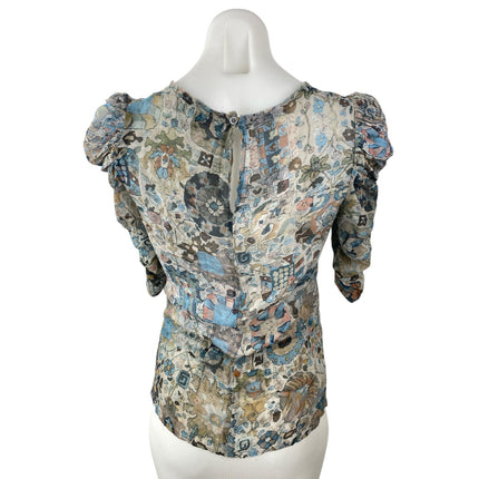 Isabel Marant 100% Silk Multicolor Floral Ruched Puff Sleeve Slim Blouse Top 1