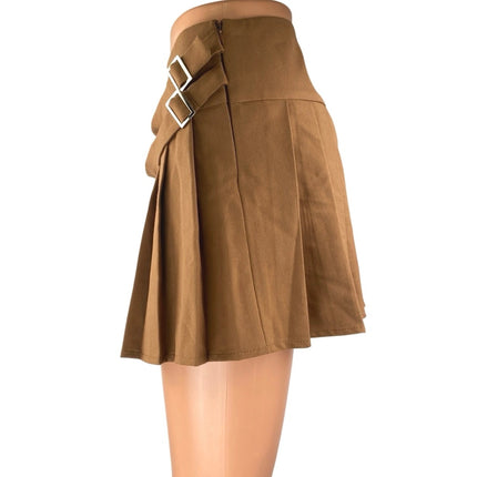 Salty Women's Brown Pleated Buckle Strap High Waisted Zip A Line Mini Skirt Sz M