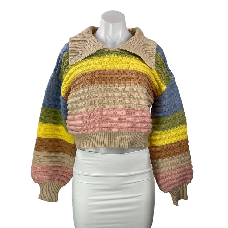 Cider Women's Colorful Striped Knit Long Balloon Sleeve Collar Polo Sweater XS