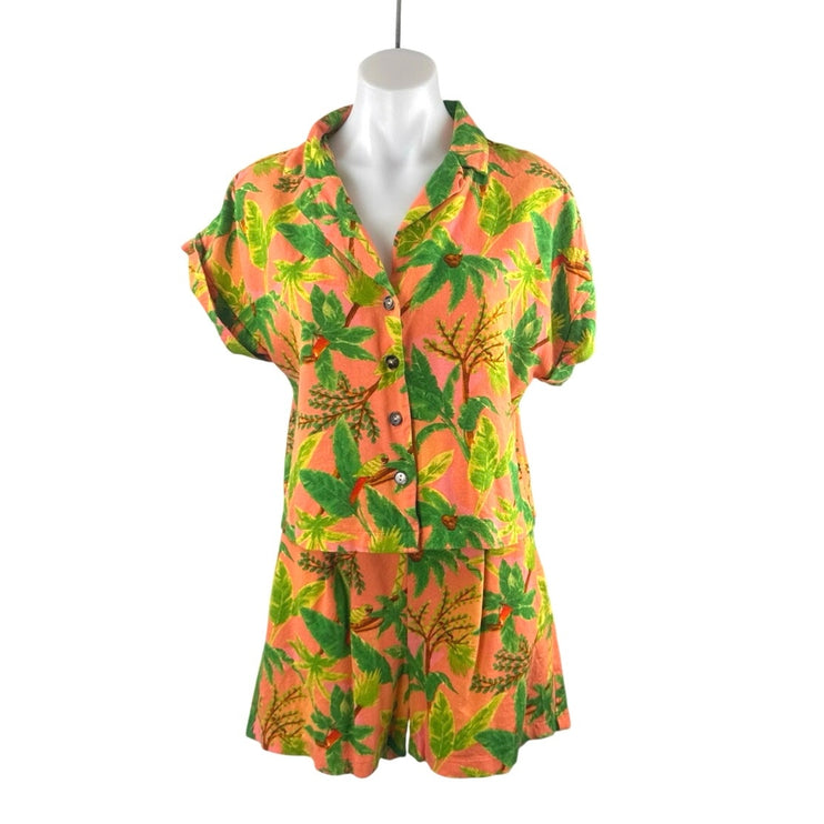 Monteau Tropical Palm Parrot Linen Festival Crop Shirt Top Wide Leg Short Set XL