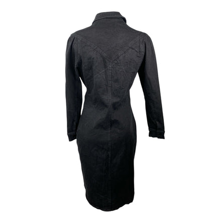 Reserved Black Denim Ruched Collared Long Sleeve Midi Bodycon Shirt Dress Sz 38
