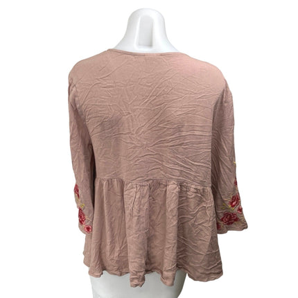 By Together Pink Floral Embroidered Deep V Neck Boho Peplum Blouse Top Size M
