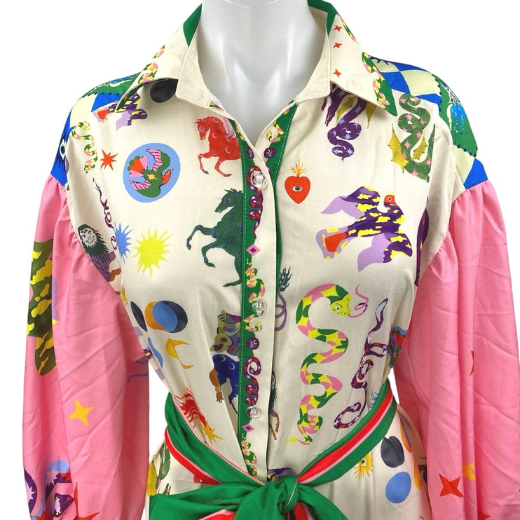 Women's Multicolor Graphic Long Balloon Sleeve Belted Maxi Shirt Dress Size XXL