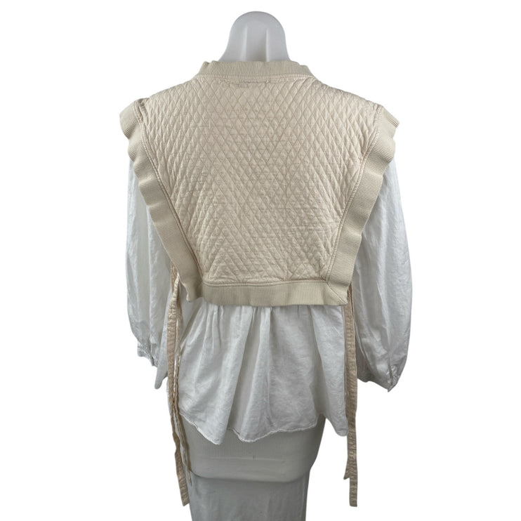 Zara Women Beige White Knit Layered Long Sleeve Peasant Shirt Blouse Top Size XS