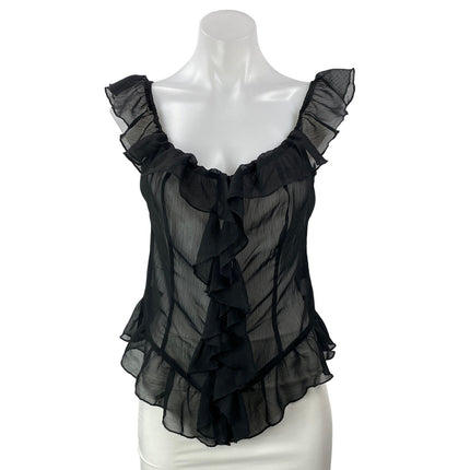 NEW Lioness Timeless Ruffle Black Sheer Mesh Scoop Neck Ruffle Blouse Top Sz L