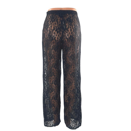 NEW PrettyLittleThing Black Floral Lace Sheer Wide Leg Trousers Pants Size 4