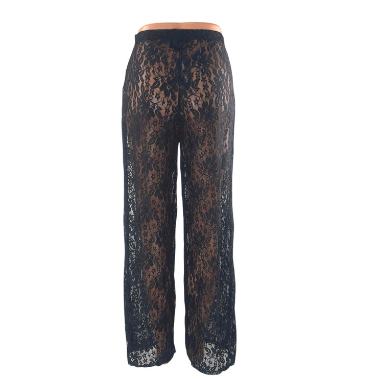 NEW PrettyLittleThing Black Floral Lace Sheer Wide Leg Trousers Pants Size 4