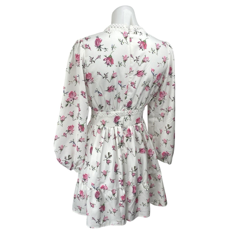 NEW Commense White Floral Balloon Sleeve Lace V-Neck Mini Fit & Flare Dress XS
