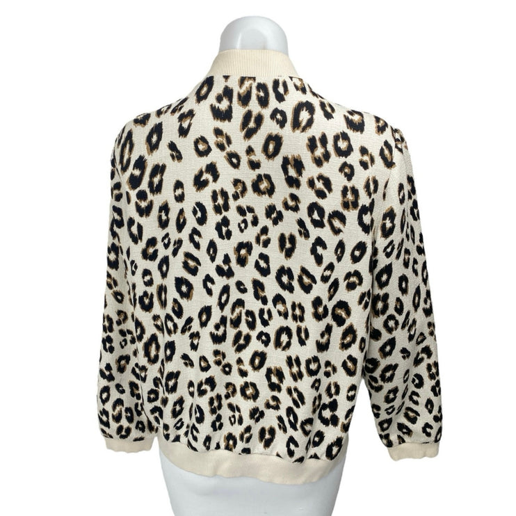 Chico's Cream Black Long Sleeve Knit Leopard Zip Up Cardigan Sweater Top Size 1