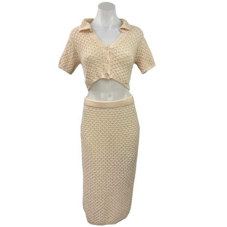 Women's Cream Open Knit Crochet Short Sleeve Collared Skirt/Top Two-Piece Set M