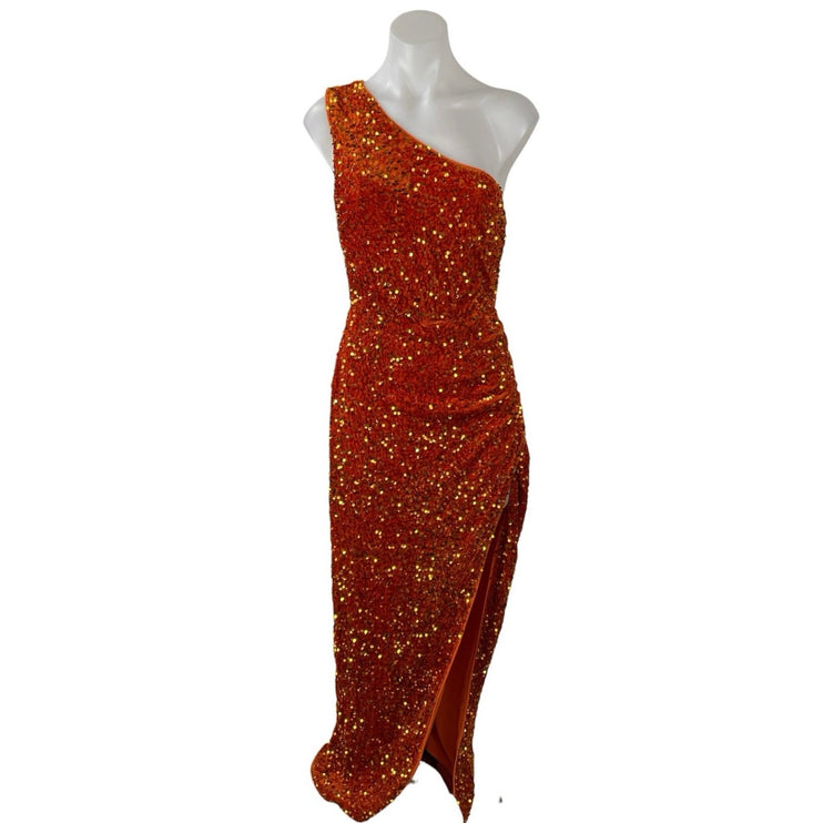 Women's Orange Sequin One Shoulder Slit Evening Gown Maxi Tank Bodycon Dress M