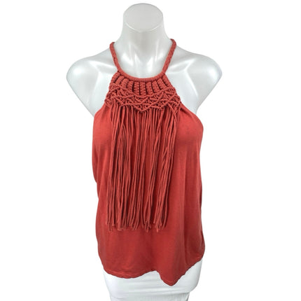 Zara Red Sleeveless Knit Braided Fringe Cami Camisole Racerback Tank Top Size L