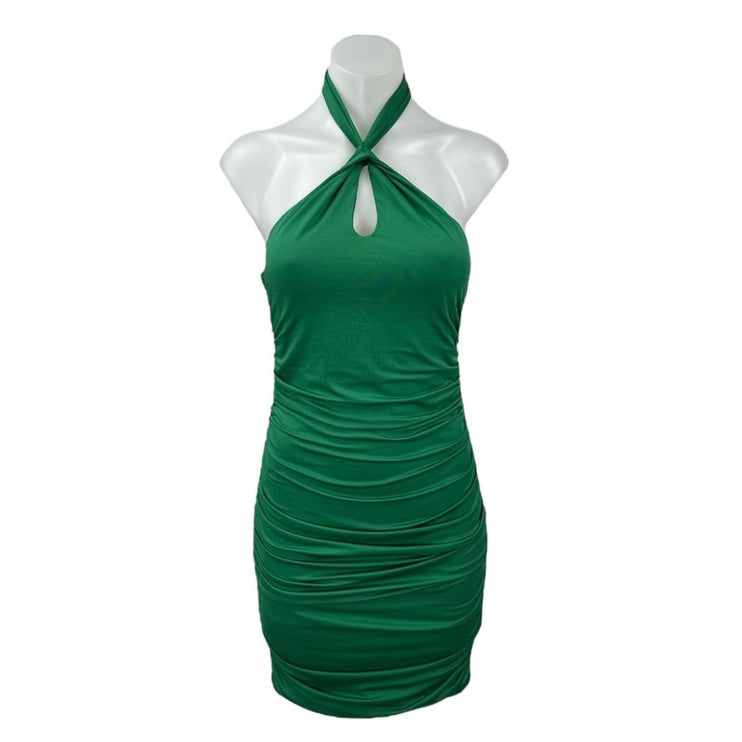 Princess Polly Green Ruched Sleeveless Keyhole Halter Tie Mini Bodycon Dress 8