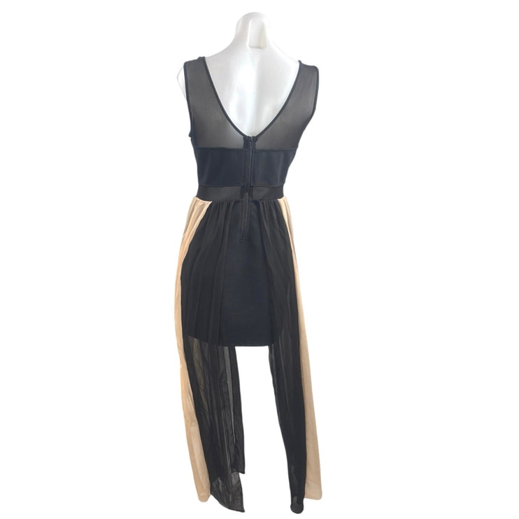 Material Girl Color Block Pleated Sheer Overlay Maxi High Low Tank Flare Dress L