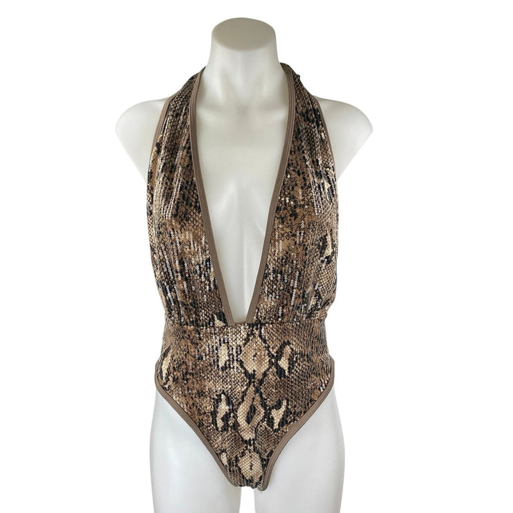 NEW Fashion Nova Brown Snake Print Sequin Sleeveless Cami One Piece Swimwear XL