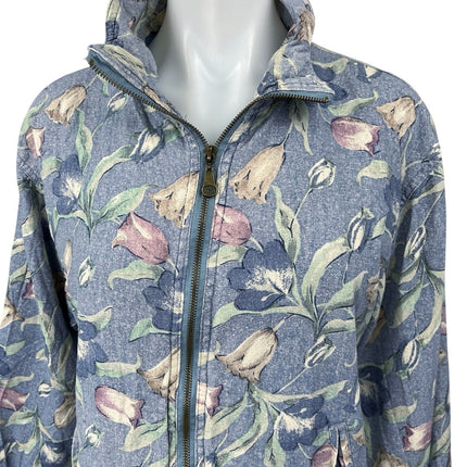 Vintage Vital Zone Blue 100% Silk Floral Relaxed Full Zip High Neck Jacket Sz S