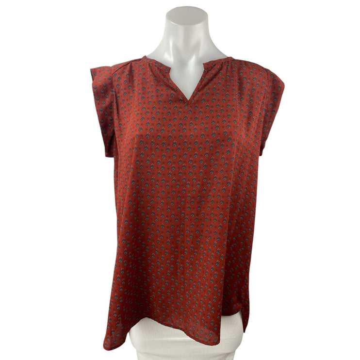 Pleione Women's Red Floral Drop Sleeve Pleated Back Notch Neck Blouse Top Size M