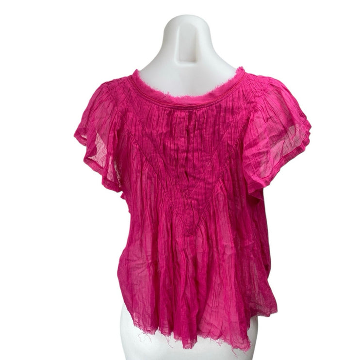Free People Padma Pink Raw Hem Short Flutter Sleeve V-Neck Sheer Blouse Top Sz S