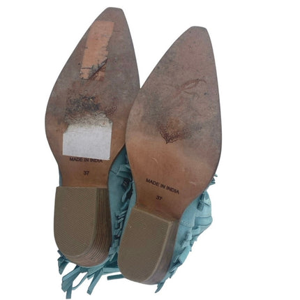 Free People Lawless Fringe Blue Suede Pointed Toe Zip Western Boots Booties Sz 6