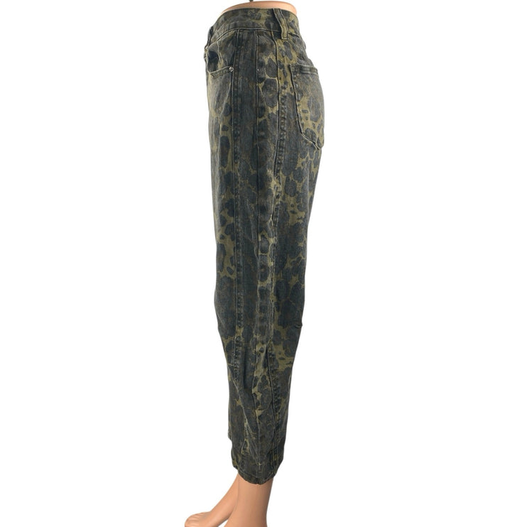 Women's Black Leopard Print Barrel Baggy High Rise Cropped Denim Jeans Size XS