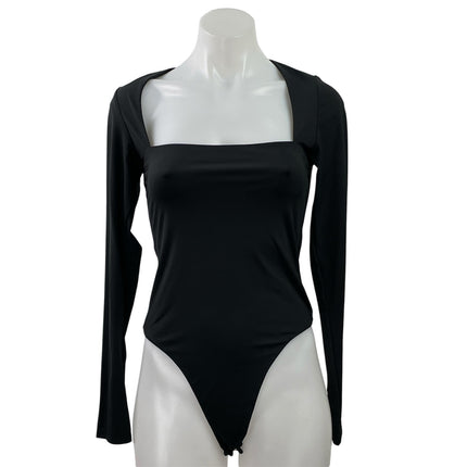 Qinsen Black Long Sleeve Square Neck Stretch Thong T Shirt Bodysuit Top Size S/M