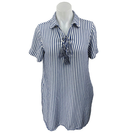 Tommy Bahama Blue White Striped Short Sleeve Tassel Mini Shirt Dress Size S