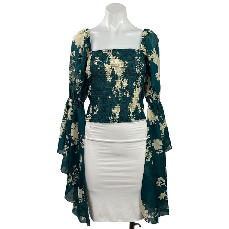 Live 4 Truth Green Floral Smocked Shirred Long Bell Sleeve Boho Crop Top Size S
