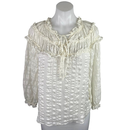 Rebecca Taylor 100% Silk White Striped Ruffle Long Sleeve Tie Neck Blouse Top 8