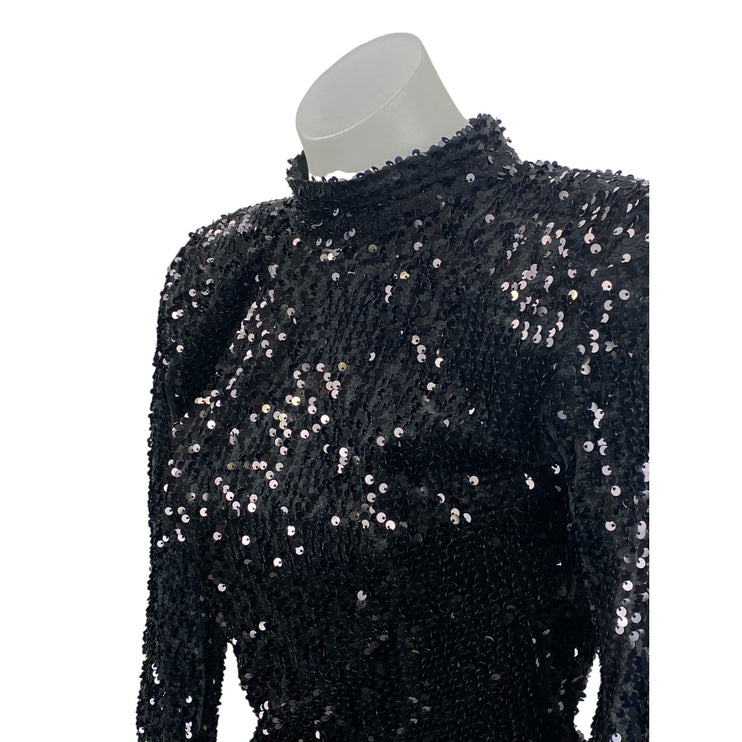 Zara Black Sequin Sparkly Mock Neck Backless Long Sleeve Mini Sheath Dress Sz XS