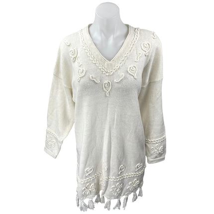 Style New York Cream Long Sleeve 3D V Neck Tassel Mini Sweater Dress Size L