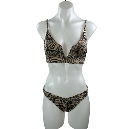 L Space Brown Tiger Print V-Wire Top & Cabana Bottom Bikini Swimwear Set Size M