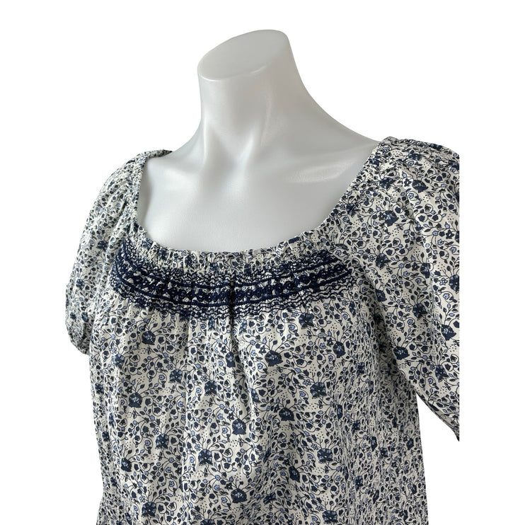 NEW Lucky Brand Women's Blue White Floral Short Sleeve Boho Blouse Top Size S