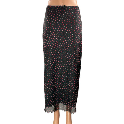 ACW Women's Black Strawberry High Waisted Straight Full Midi Slip Skirt Size S
